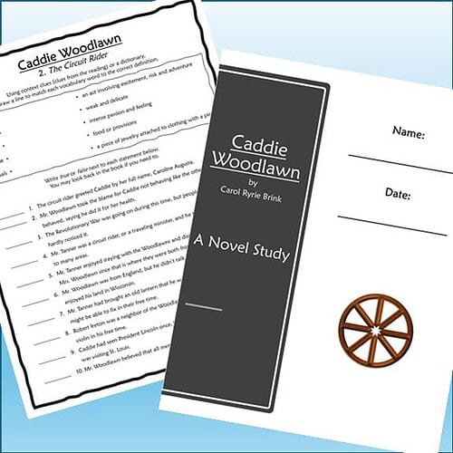 Homeschool resource materials including a novel study book titled 'Caddie Woodlawn' and a worksheet with a wooden wheel illustration, designed for educational use.