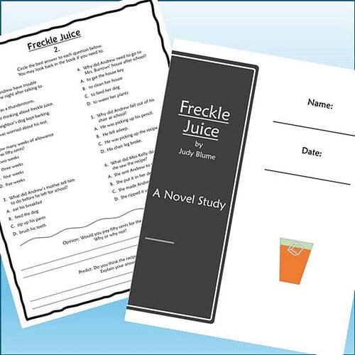 Homeschool resource featuring a novel study worksheet for 'Freckle Juice' by Judy Blume, including questions and a reading log, ideal for homeschooling educational activities.