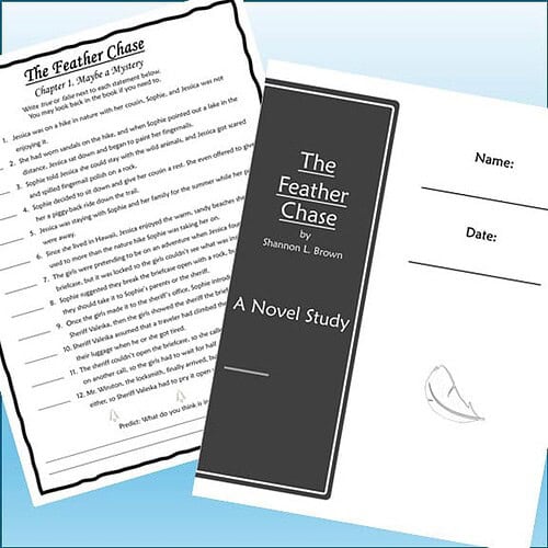 Homeschool resource featuring a novel study worksheet for 'The Feather Chase' by Shannon L. Brown, including a cover page and activity sheets for students.