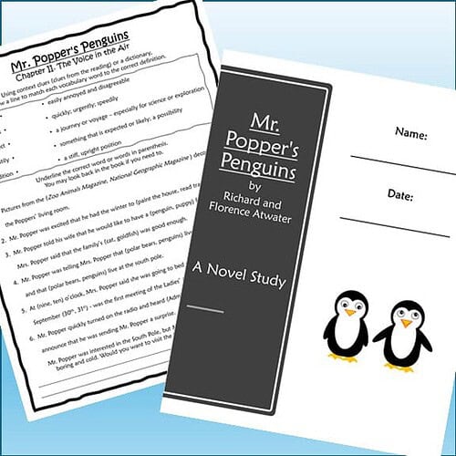 Cover of 'Mr. Popper's Penguins' by Richard and Florence Atwater, featuring two cartoon penguins on a white background.