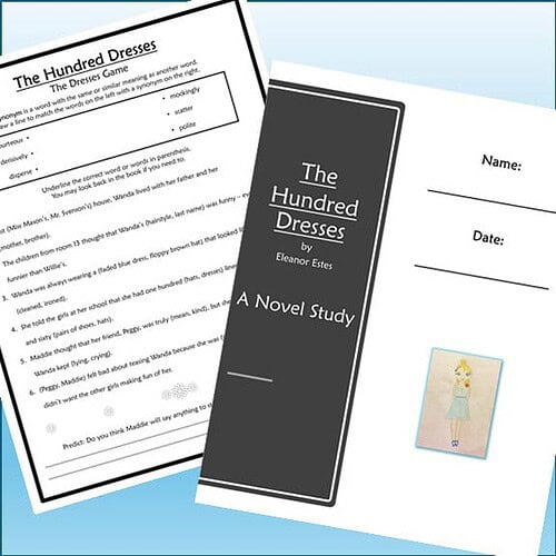 Homeschool resource pages featuring 'The Hundred Dresses' novel study and related activities for homeschooling.