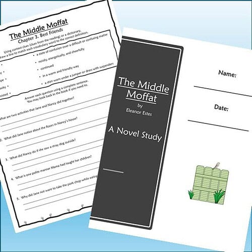 Homeschool resource featuring a study guide for 'The Middle Moffat' by Eleanor Estes, with a black cover and a printable worksheet with questions.