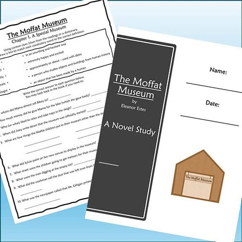 Homeschool resource materials including a book cover and worksheet for The Moffat Museum by Eleanor Estes.
