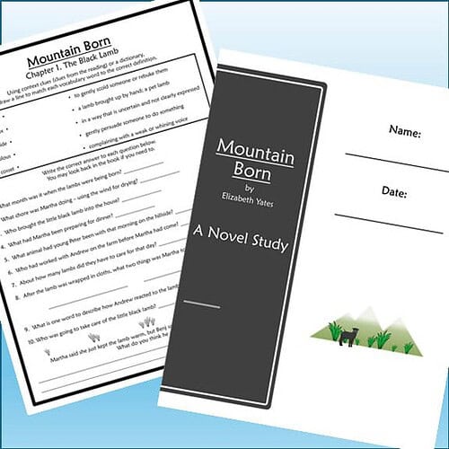 Homeschool resource materials including a black cover book titled 'Mountain Born' by Elizabeth Yates and a worksheet with questions about the story.