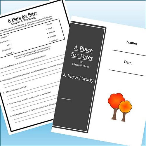 Homeschool reading worksheet and novel study guide for 'A Place for Peter' by Elizabeth Yates, featuring educational materials for homeschooling.