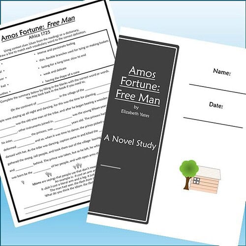 Homeschool resource materials including a book cover and worksheets for 'Amos Fortune: Free Man' by Elizabeth Yates, ideal for homeschooling and educational activities.