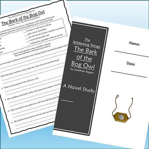 Educational worksheet and book cover for 'The Bark of the Bog Owl' by Jonathan Rogers, part of the Wilderking Trilogy, designed for homeschooling activities.