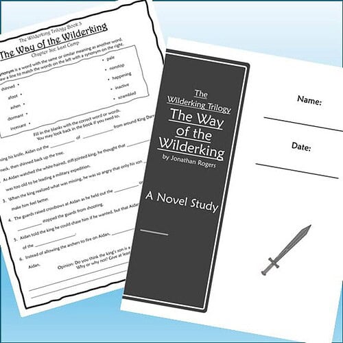 Image of 'The Way of the Wilderking' book cover and a worksheet from Homeschool Resource Co.