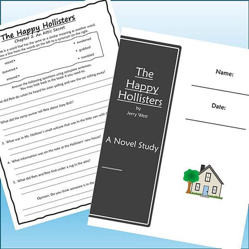 Homeschool resource materials including a novel study worksheet and a blackboard-style book cover for 'The Happy Hollisters' by Jerry West.