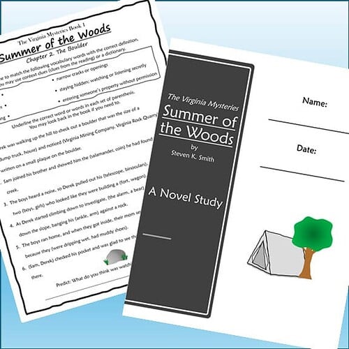 Homeschool resource worksheet for 'Summer of the Woods' by Steven K. Smith, featuring reading comprehension and activity sections.