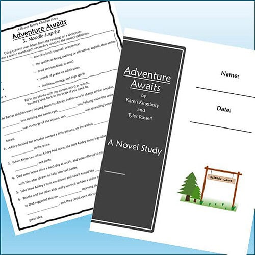Homeschool resource materials featuring a science camp theme, including a book titled 'Adventure Awaits' and a worksheet with a noodle surprise activity.