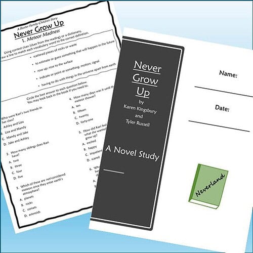 Cover of the novel 'Never Grow Up' by Karen Kingsbury and Tyler Russell, with a green stamp marked 'Neverland' on a white background.