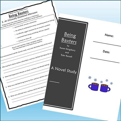 Homeschool resource featuring a novel study worksheet titled 'Being Baxters' by Karen Kingbury and Tyler Russell, with a dark cover and blue background.