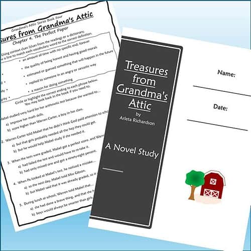 Image of the book 'Treasures from Grandma's Attic' by Arleta Richardson, with a black cover and white text, alongside a worksheet and a small red barn illustration.