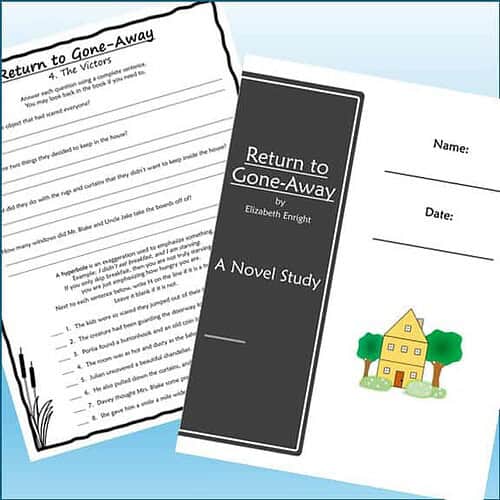 Homeschool resource worksheet titled 'Return to Gone-Away' by Elizabeth Enright, featuring a black cover and a colorful illustration of a yellow house with trees.
