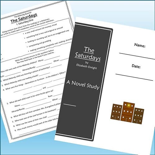 Homeschool resource worksheet titled 'The Saturdays' by Elizabeth Enright, featuring questions and a cityscape illustration for educational activities.