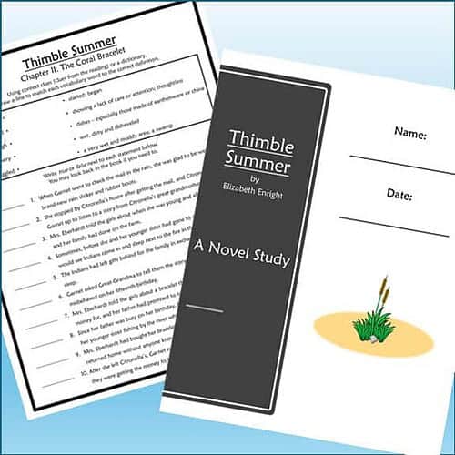 Homeschool resource materials including a study guide and a novel titled 'Thimble Summer' by Elizabeth Enright, designed for homeschooling students.