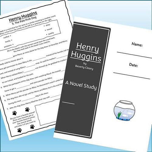 Homeschool resource materials featuring a book titled 'Henry Huggins' and a fishbowl with a goldfish, designed for educational use.
