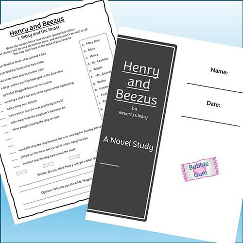 Educational worksheet and book cover for 'Henry and Beezus' by Beverly Cleary, featuring a bubble gum sticker on the worksheet.