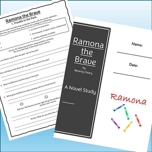 Homeschool resource featuring a novel study worksheet for 'Ramona the Brave' by Beverly Cleary, with colorful crayons and a black and white cover page on a blue background.