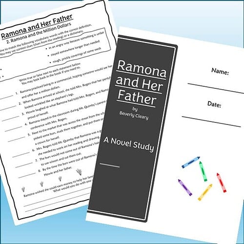 Educational worksheet and novel study guide for 'Ramona and Her Father' by Beverly Cleary, designed for homeschooling students.