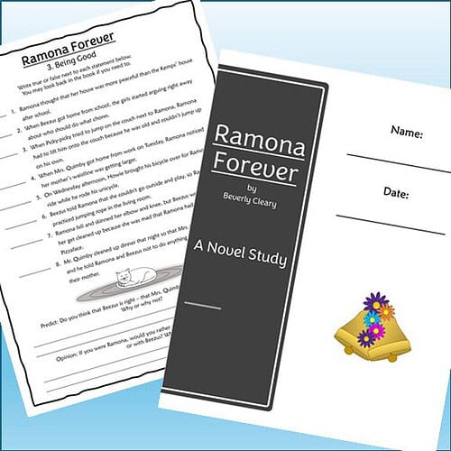 Homeschool resource worksheet and book cover for 'Ramona Forever' by Beverly Cleary, designed for educational use.