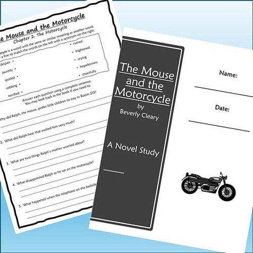 Educational worksheet and novel study guide for 'The Mouse and the Motorcycle' by Beverly Cleary, ideal for homeschooling reading comprehension activities.