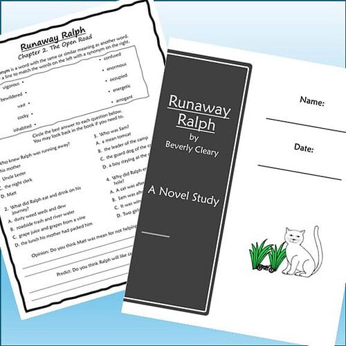 Image of a homeschool reading worksheet and a novel study guide for 'Runaway Ralph' by Beverly Cleary, designed for educational use.