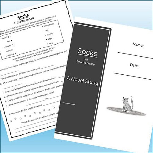 Educational homeschool worksheets and book cover for 'Socks' by Beverly Cleary, featuring a cat illustration and reading activities.