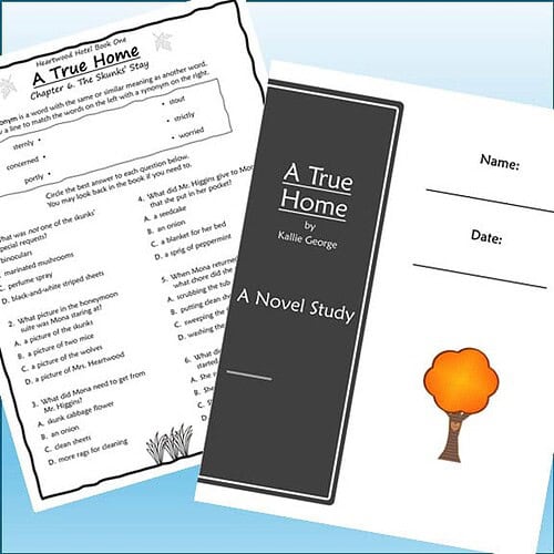 Open book titled 'A True Home' by Kallie George with a worksheet and a tree illustration on a blue background.