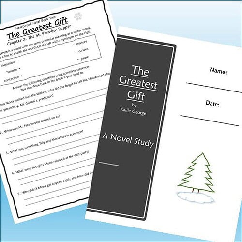Homeschool resource book and worksheet for teaching 'The Greatest Gift' by Kallie George, ideal for homeschooling educational activities.
