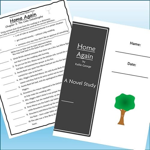 Homeschool resource materials including a book cover and worksheet for 'Home Again' by Kallie George, featuring educational content for homeschooling.