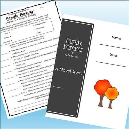 Cover of 'Family Forever' novel by Kallie George, featuring a black and white design with trees in autumn colors.