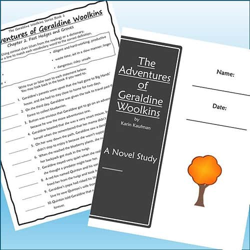 Cover of 'The Adventures of Geraldine Woolkins' by Karin Kaufman, featuring a black and white book cover with a small orange tree illustration.