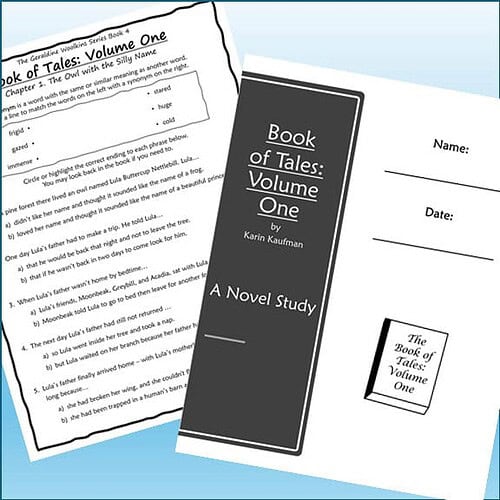Image of a homeschool reading worksheet and a black book cover titled 'Book of Tales: Volume One' by Karin Kaufman.