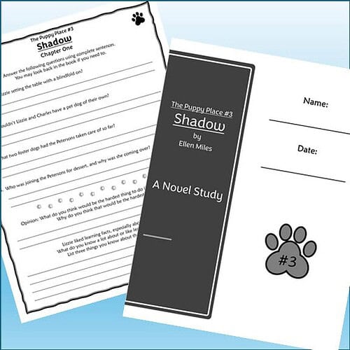 Image of a homeschool shadow book cover titled "Shadow" by Ellen Miles alongside a related worksheet for homeschooling activities.