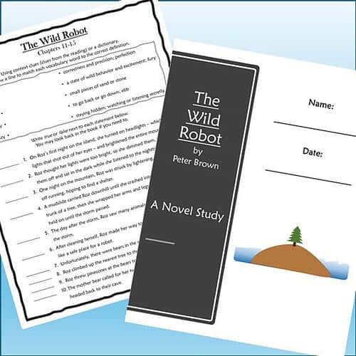 Image of a printed study guide and a black book titled 'The Wild Robot' by Peter Brown, with a small illustration of a tree on a hill.