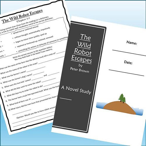 Image of a homeschool reading worksheet and a novel study guide for 'The Wild Robot Escapes' by Peter Brown.