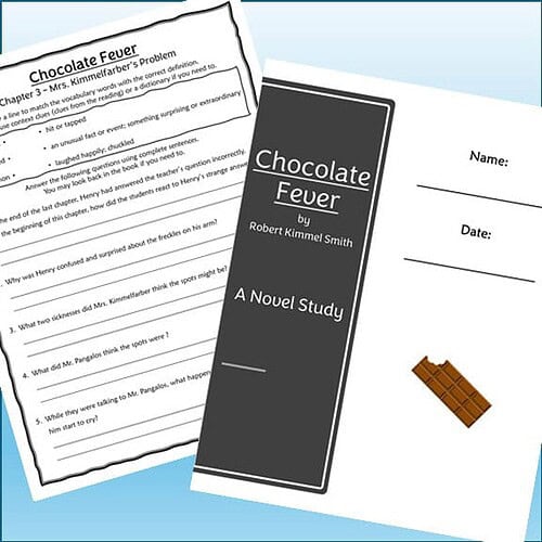 Homeschool resource page featuring a novel study on 'Chocolate Fever' by Robert Kimmel Smith, with worksheets and a chocolate bar for engaging learning activities.