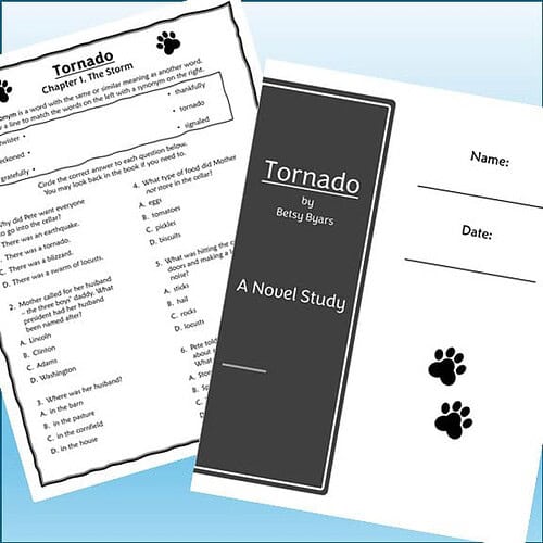 Homeschool resource worksheet on tornadoes with questions and a black and white cover page titled 'Tornado by Betsy Byars' for educational use.