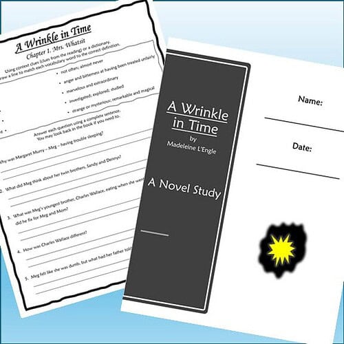 Homeschool resource page featuring a novel study worksheet for 'A Wrinkle in Time' by Madeleine L'Engle, with a black cover page and a colorful sticker.