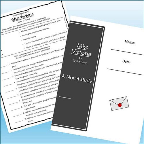 Homeschool resource materials including a novel study guide for 'Miss Victoria' by Taylor Paige and a worksheet, ideal for homeschooling activities.