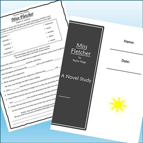 Homeschool resource featuring a novel study worksheet for 'Miss Fletcher' by Taylor Paige, designed for educational use and homeschooling activities.