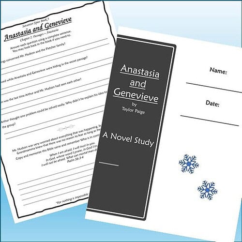Homeschool resource book titled 'Anastasia and Genevieve' by Taylor Paige with snowflake illustrations on the cover.
