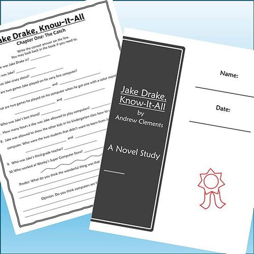 Educational worksheet and book cover for 'Jake Drake, Know-It-All' by Andrew Clements, featuring a red ribbon award icon.