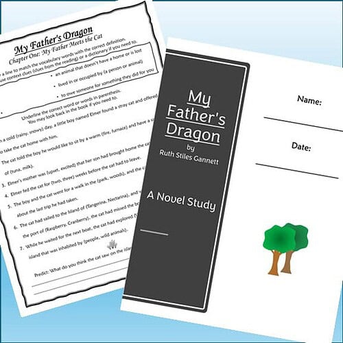 Cover of 'My Father's Dragon' novel study by Ruth Stiles Gannett, featuring a black background with white text.