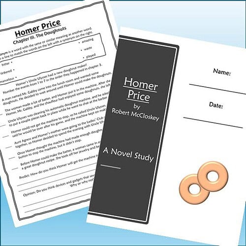 Homeschool resource materials including a black book cover of 'Homer Price' by Robert McCloskey and a worksheet for homeschooling activities.