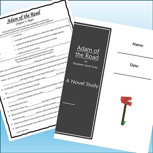 Cover page of 'Adam of the Road' by Elizabeth Janet Gray, featuring a black and white design with title and author, alongside a worksheet and a small signpost illustration.