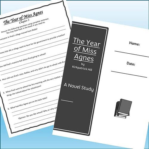 Open book and worksheet for 'The Year of Miss Agnes' by Kirkpatrick Hill, used for homeschooling and educational activities.