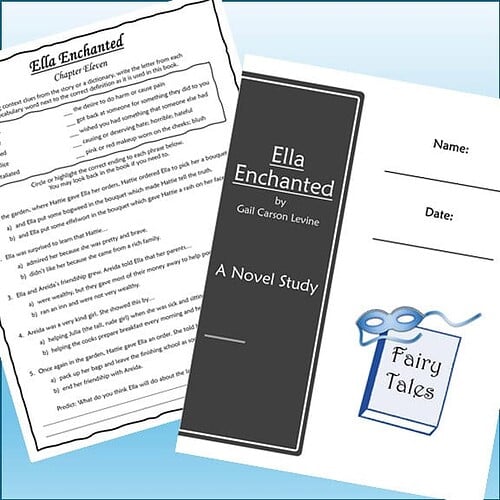 Close-up of a homeschool reading worksheet and a novel study guide for 'Ella Enchanted' by Gail Carson Levine, featuring educational materials for homeschooling.